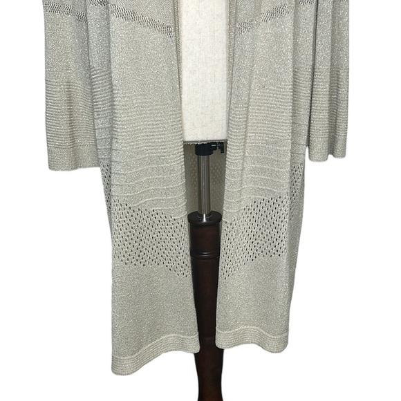 Chico's Shine Cardigan Women's XL Gold Metallic Longline Open Pointelle - Picture 4 of 9